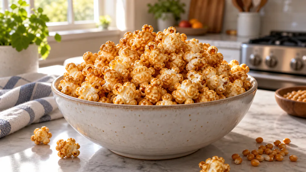 A bowl of glossy kettle corn popped in the Popsmith, caramelized sugar on the kernels.