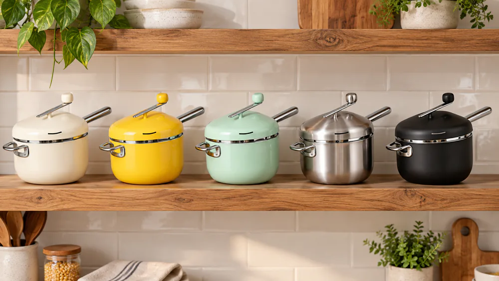 Five Popsmith finishes, Cream, Butter, Mint, Stainless, and Matte Black, lined up on a shelf.