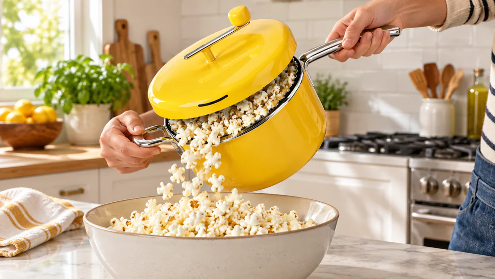 Two hands pouring a full pot of popcorn into a bowl, helper handle in use.