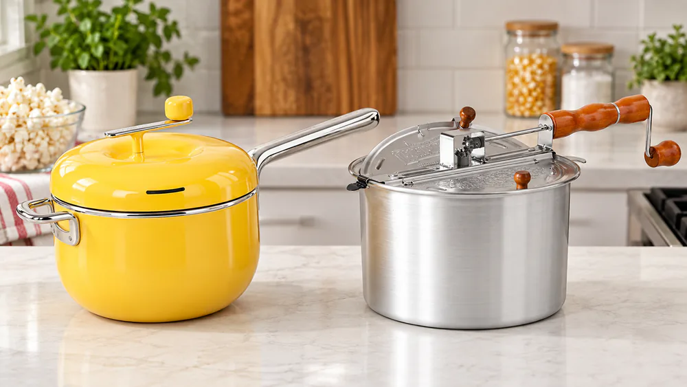 The stainless Popsmith beside the aluminum Whirley Pop with its hand crank.