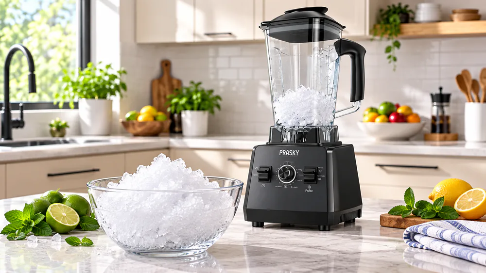 Snow-fine crushed ice from the PRASKY Max in a bowl.