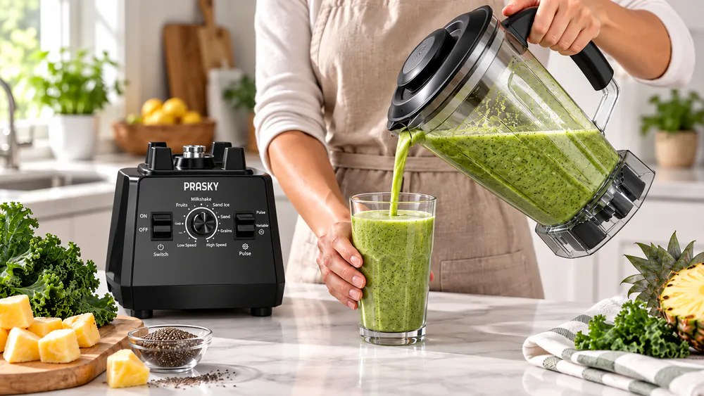 A silky green smoothie of frozen pineapple, kale, and chia poured from the PRASKY Max pitcher.