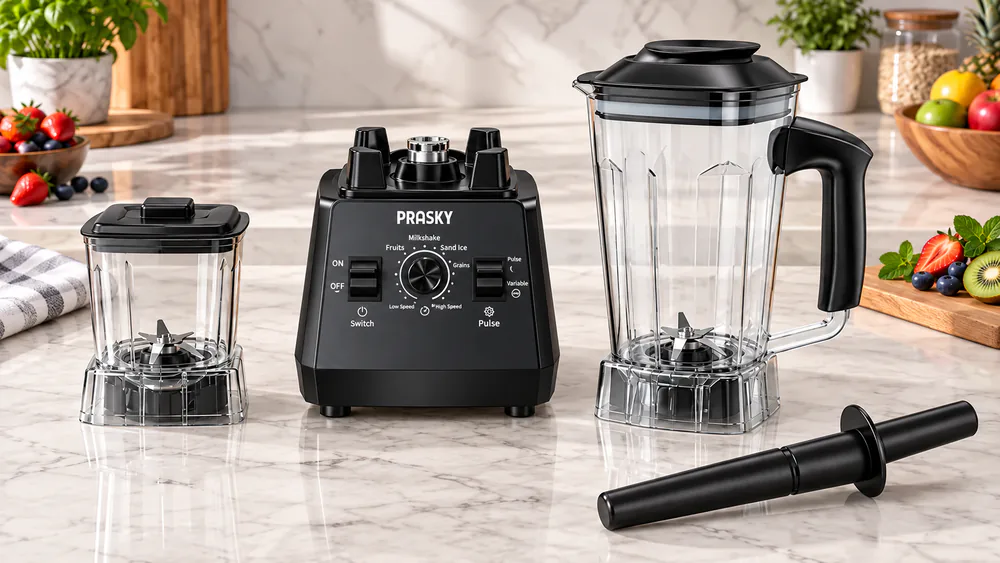 The PRASKY Max kit: motor base, 68oz pitcher with lid, grinder jar, and tamper.