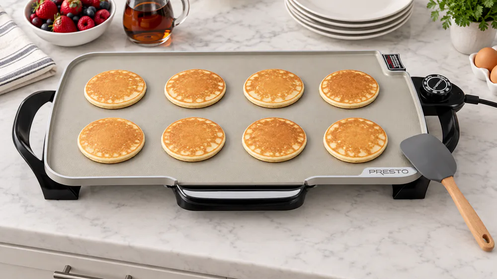 Eight golden pancakes cooking in two rows on a Presto 07062 ceramic griddle, spatula resting on the raised rim