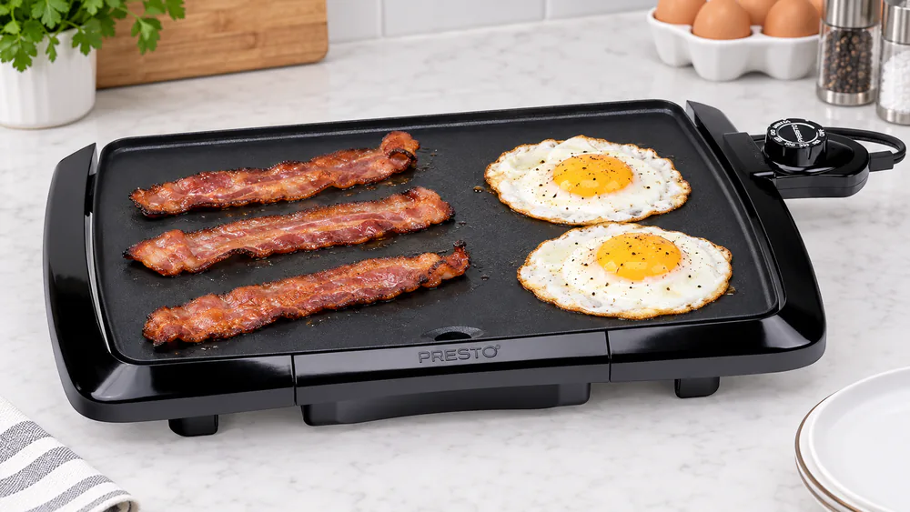 Eggs and bacon strips cooking side by side on the Presto 07047 with the slide-out drip tray visible