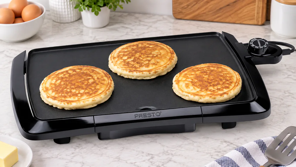 Three pancakes browning on the Presto 07047 ceramic griddle with the heat control attached on a kitchen counter