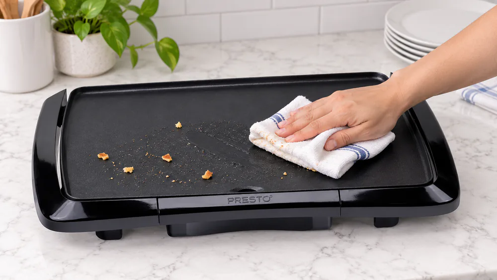 A hand wiping the Presto 07047 ceramic surface clean with a damp cloth after pancakes