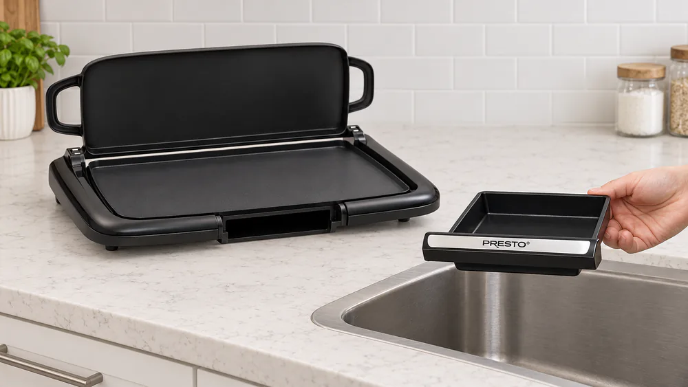 The slide-out drip tray of the Presto 07023 griddle pulled free and held over a sink beside the wiped-clean ceramic surface