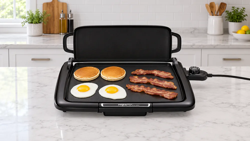 A full breakfast of bacon, fried eggs and pancakes cooking together on the square Presto 07023 griddle surface