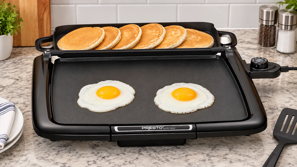 The Presto Griddle/Warmer Plus 07023 with its tray flipped back, holding a stack of finished pancakes while eggs cook on the surface
