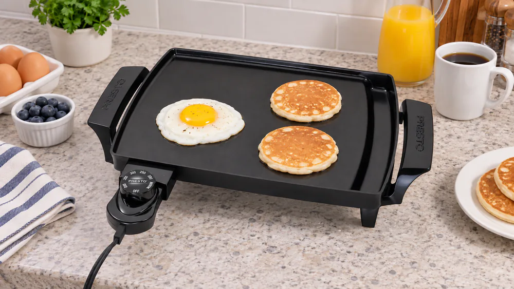 Presto 07211 Liddle Griddle on a kitchen counter with two small pancakes and a fried egg cooking on the ceramic nonstick surface