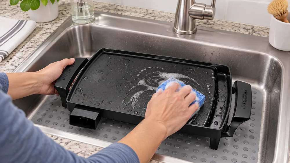 Presto Liddle Griddle base being rinsed in a kitchen sink with the Control Master heat control removed and set aside