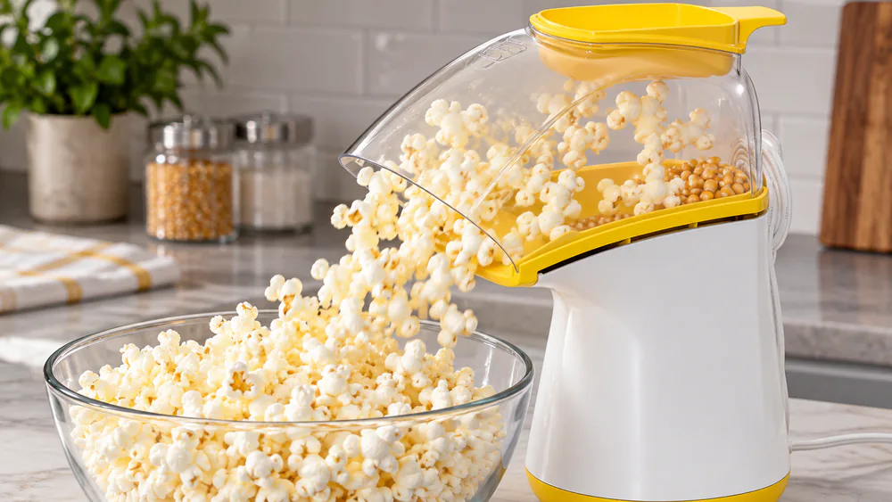 Close-up of the Presto PopLite chute directing fresh popcorn into a bowl, a few unpopped kernels visible in the chute.