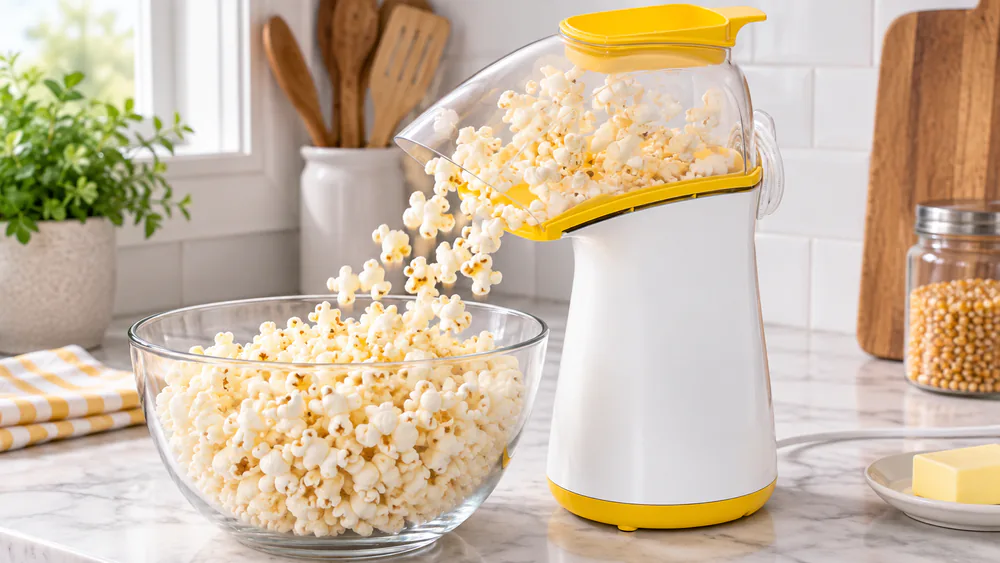 A Presto PopLite mid-batch on a counter, popcorn streaming into a bowl.