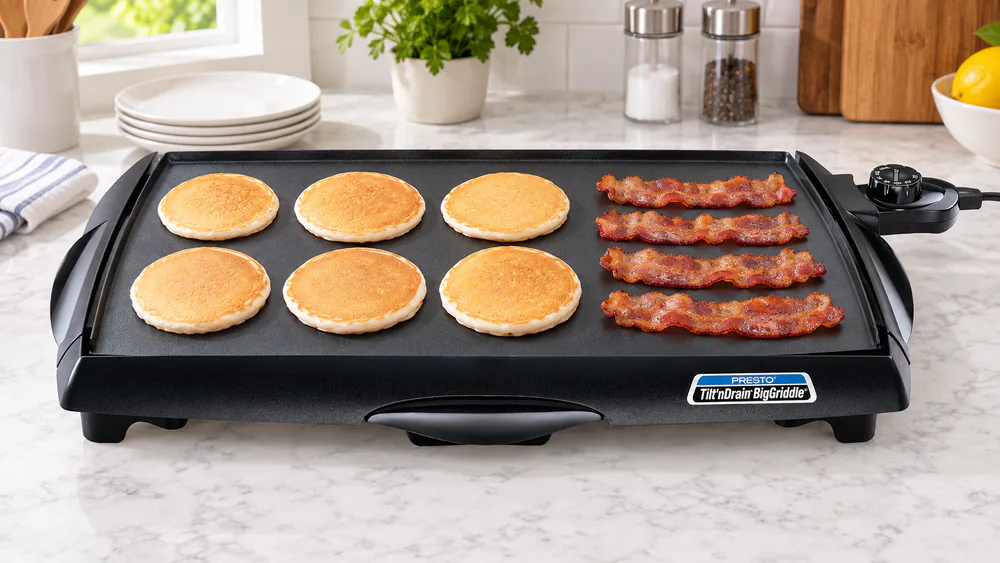 A full batch of small pancakes and a row of bacon strips cooking together on the Presto 07046 griddle