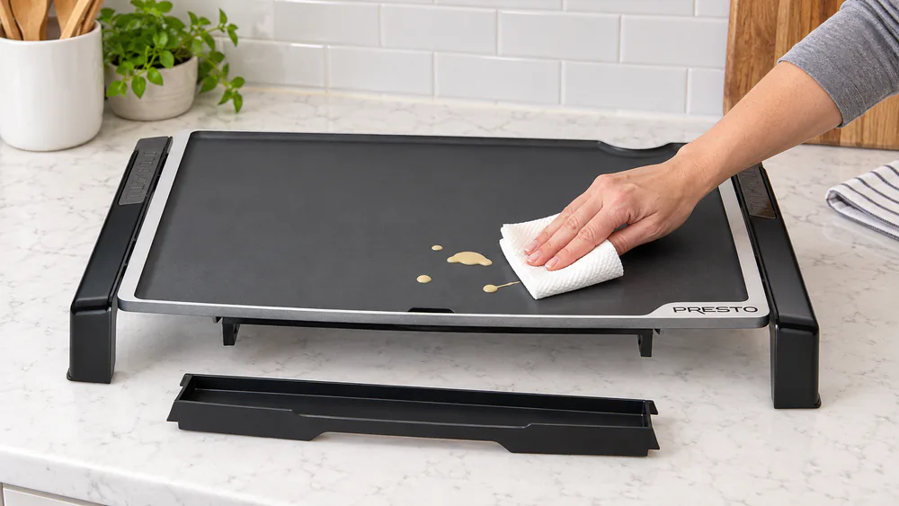 A Presto 07073 griddle surface being wiped clean with a paper towel beside the removed slide-out drip tray