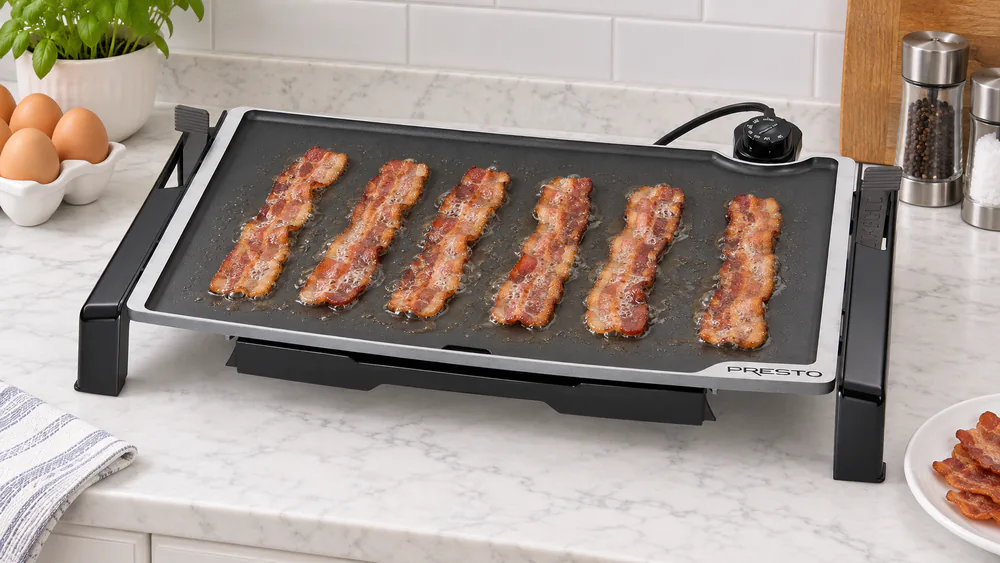 A Presto 07073 Tilt-N-Fold XL griddle tilted on its legs with bacon strips sliding toward the slide-out drip tray