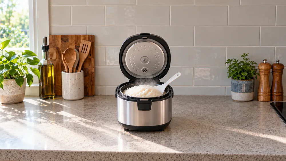 Freshly fluffed white rice in an open rice cooker inner pot with a plastic paddle resting in the grains and steam rising