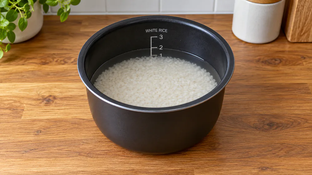 Close-up of a rice cooker inner pot with water level sitting at the white rice 2-cup line above leveled rinsed rice