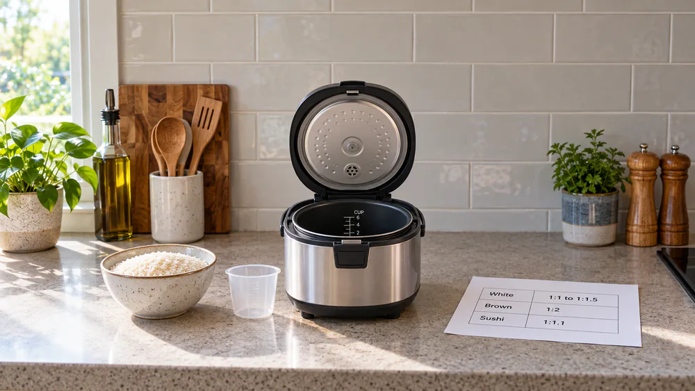 A rice cooker with the lid open beside a printed ratio chart and the included plastic measuring cup on a kitchen counter