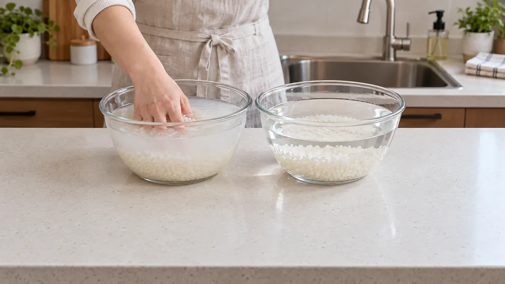 Hands swirling short-grain white rice in a glass bowl of water, the water cloudy in the first rinse and clearer after the third