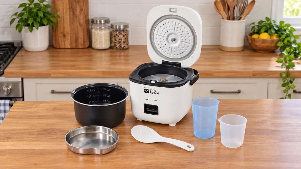 The Rice Robot ceramic nonstick inner pot lifted out beside its stainless steel steamer tray and two color-coded measuring cups on a kitchen counter.