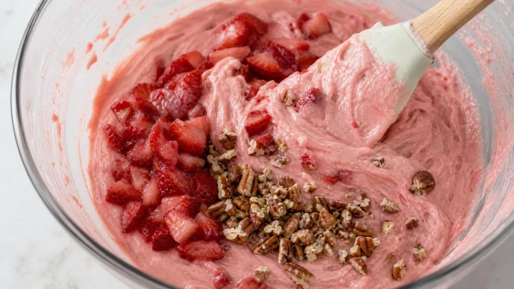 A mixing bowl of pink strawberry cake batter with thawed strawberries and chopped pecans being folded in with a spatula.