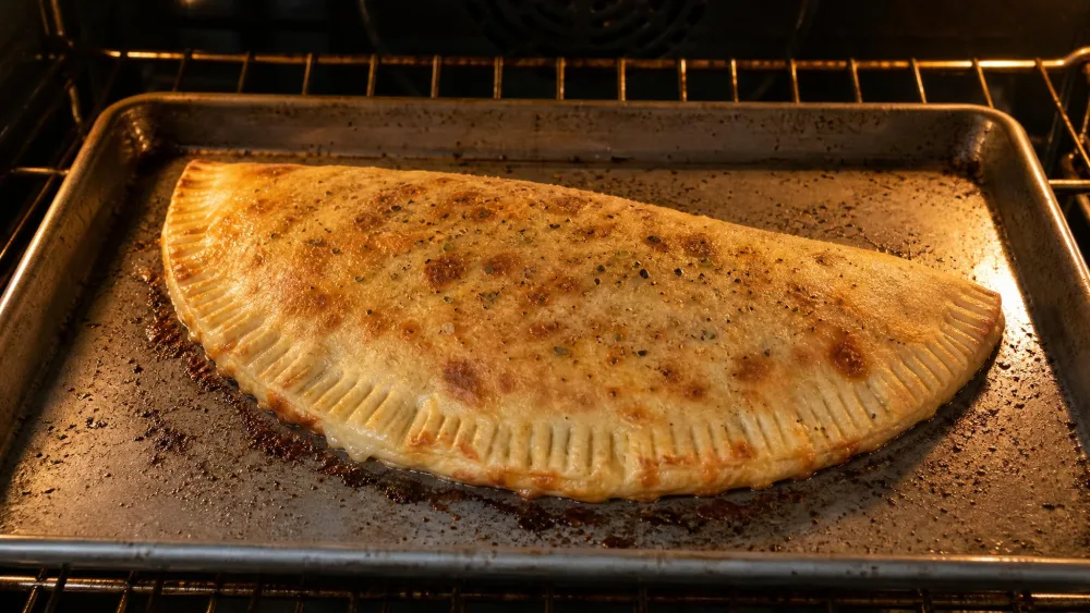 A folded half-moon calzone on a preheated sheet pan with a fork-crimped curved edge, crust turning golden in the oven.