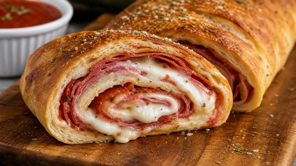 A baked stromboli log sliced open on a wooden board to show the spiral of dough, melted mozzarella, and layered cured meat inside.