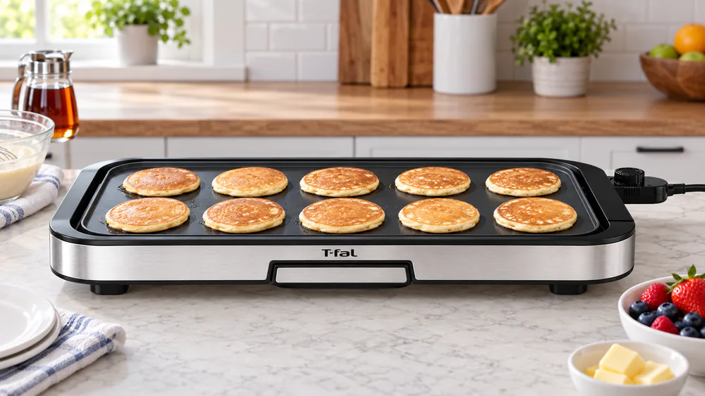 A full row of pancakes cooking side by side on the long flat T-fal Giant Plancha electric griddle
