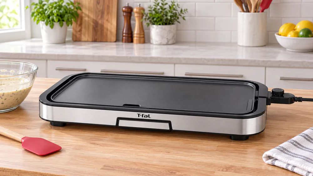 The T-fal Giant Plancha electric griddle on a kitchen counter with its temperature dial and removable drip tray visible