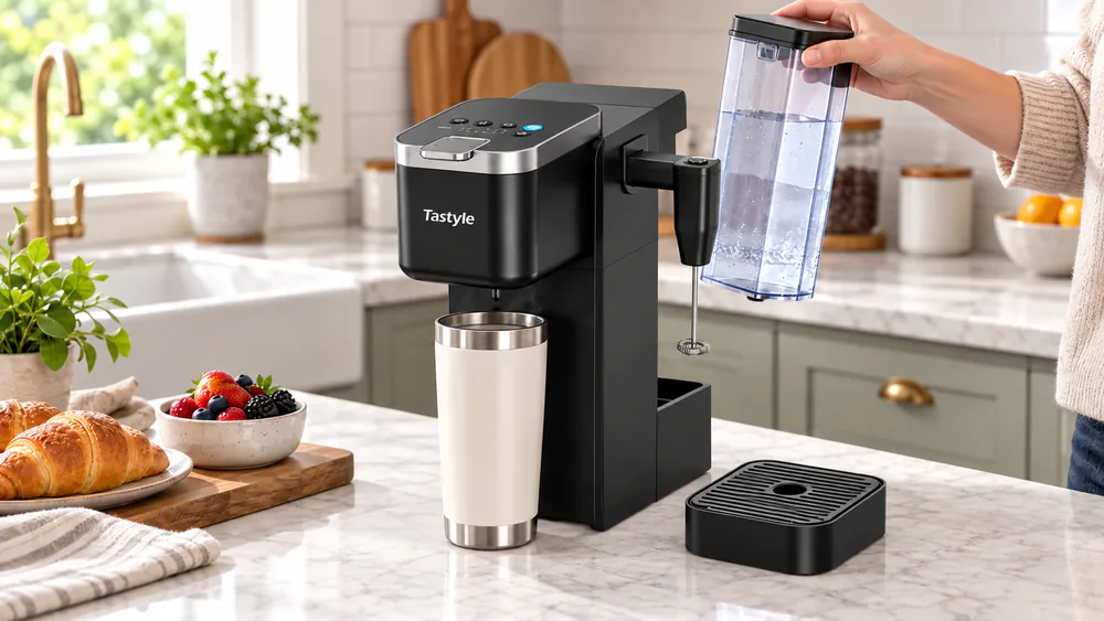 A Tastyle coffee maker with its 40 oz reservoir lifted off and a tall travel mug under the brew head