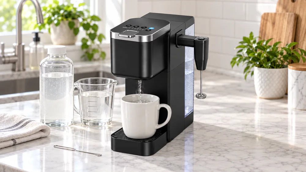 A Tastyle coffee maker mid-descale with solution in the reservoir and a paperclip on the counter beside it