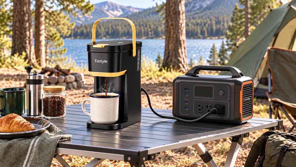 The Tastyle Mini with its to-go handle on a camp table beside a portable power station and a camp mug