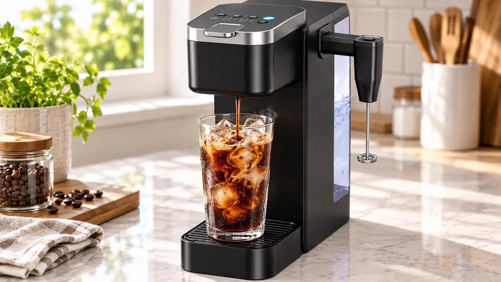A glass packed with ice under the Tastyle brew head, the concentrated shot streaming onto the ice