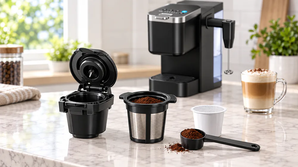 The Tastyle capsule holder and reusable ground filter side by side with a K-Cup pod and a scoop of ground coffee