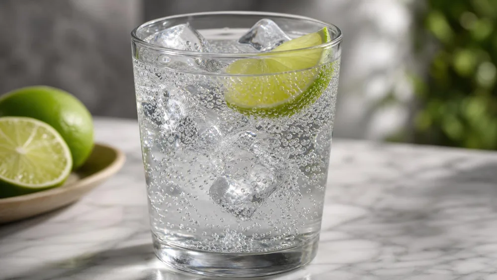 A glass of club soda with ice and a lime wedge, fine bubbles rising