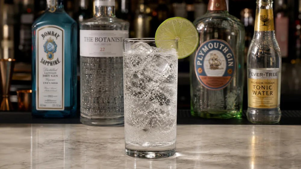 A gin and tonic in a highball glass with a lime wheel, bottles behind