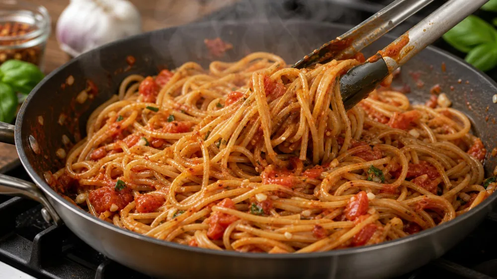 Whole wheat pasta being tossed with garlic-tomato sauce in a wide skillet, glossy strands coated and steam rising.