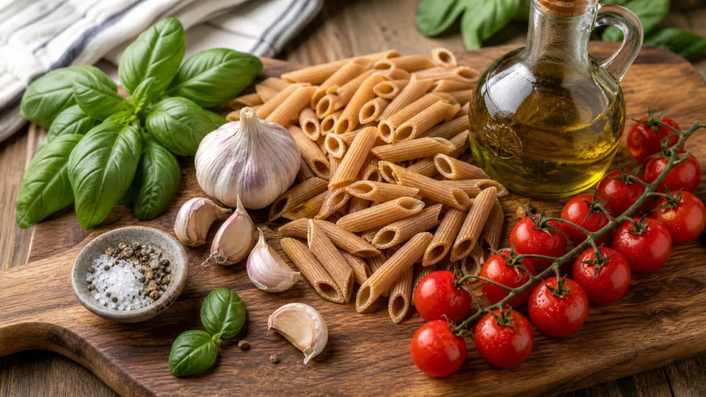 A wooden board holding dried whole wheat pasta, garlic cloves, cherry tomatoes, olive oil, and fresh basil arranged for a vegan weeknight dinner.