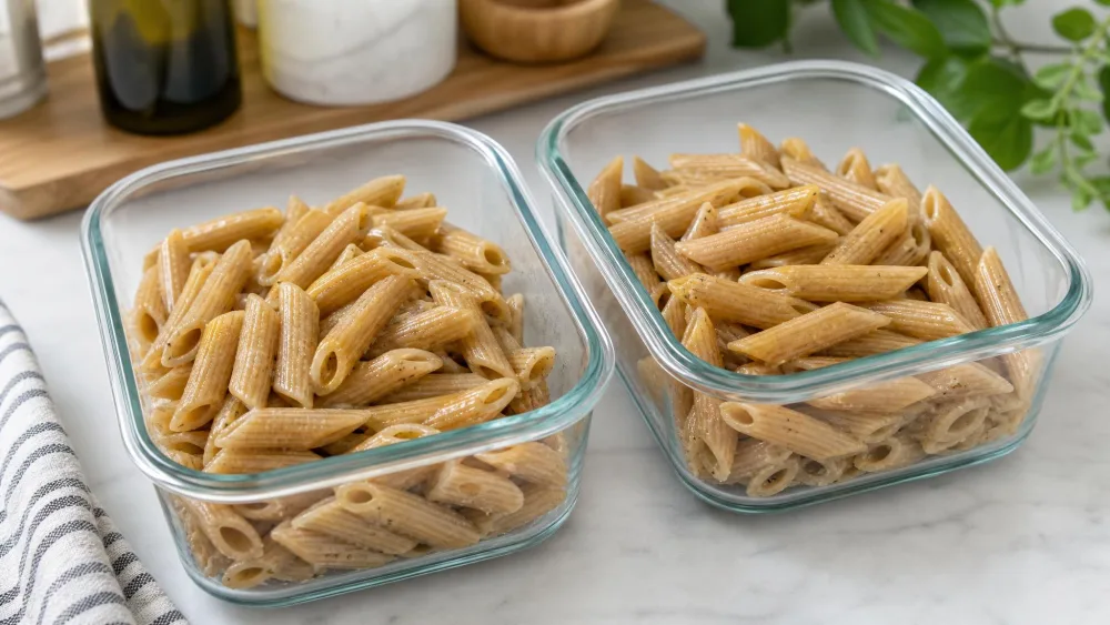 Two glass meal-prep containers holding cooked whole wheat pasta tossed with olive oil, ready for the week ahead.