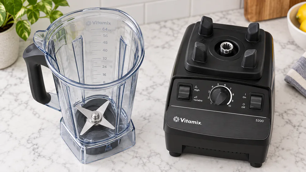 The Vitamix 5200's blunt 3-inch blades and drive socket on a kitchen counter.