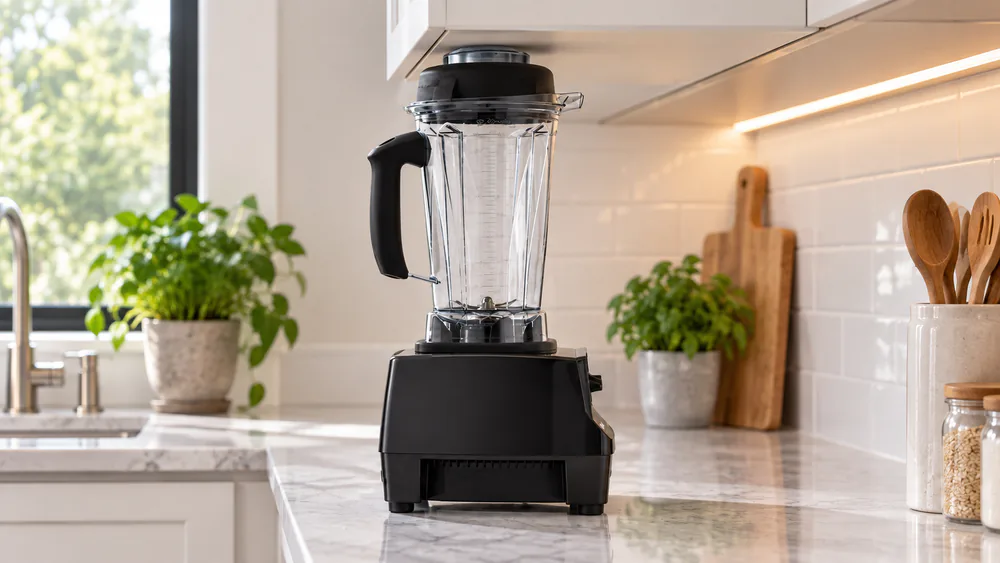 The tall Vitamix 5200 below an upper cabinet, lid meeting the cabinet face.