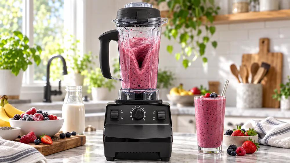 A frozen-fruit smoothie blending in the Vitamix 5200's tall container.