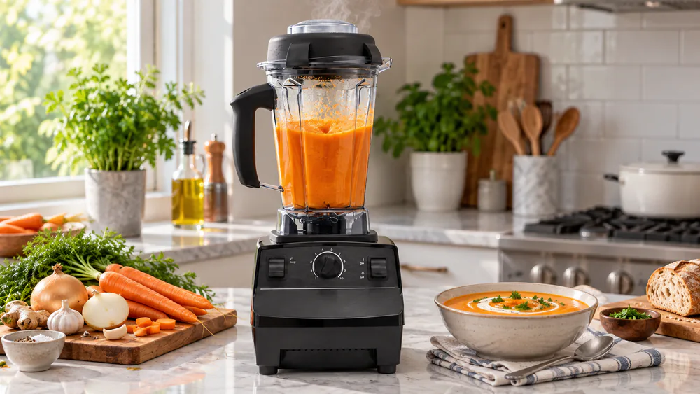 The Vitamix 5200 blending raw vegetables into hot soup, steam rising from the jar.