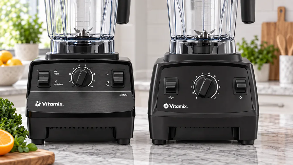 Close-up of the bases of a Vitamix 5200 and 7500, showing the dials and the 7500's pulse switch.