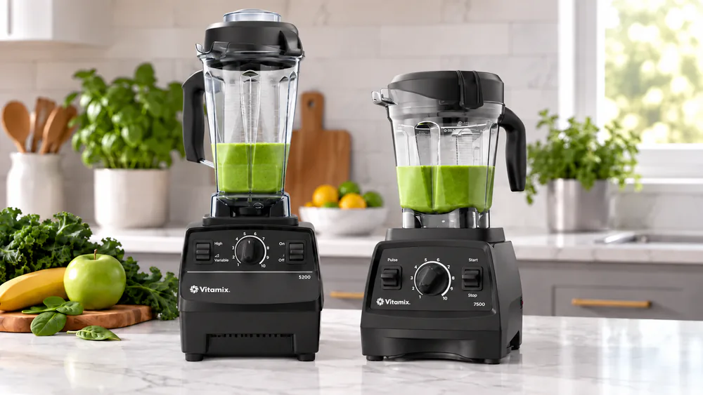 A tall Vitamix 5200 and a low-profile Vitamix 7500 side by side, showing the height difference.