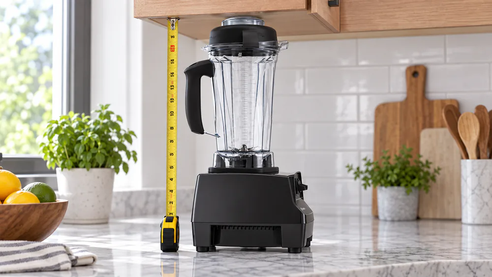 A measuring tape beside a Vitamix 5200's tall jar under a counter overhang, showing it does not clear the upper cabinet.