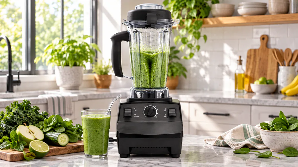 A Vitamix 5200 with its tall jar blending a small green smoothie, a tight vortex visible in the narrow container.