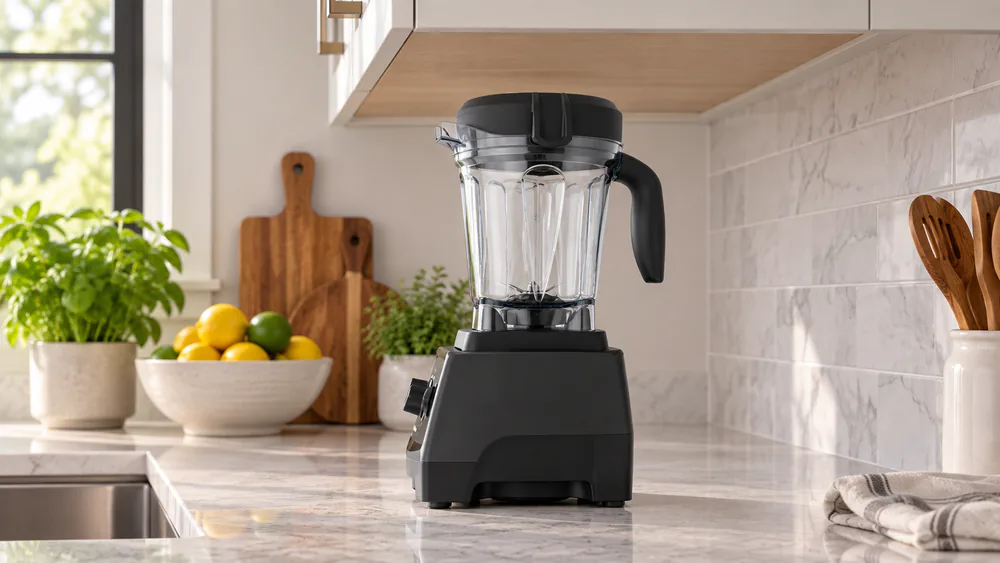 A Vitamix 7500 with the low-profile jar assembled under a standard kitchen upper cabinet, clearance visible above the lid.